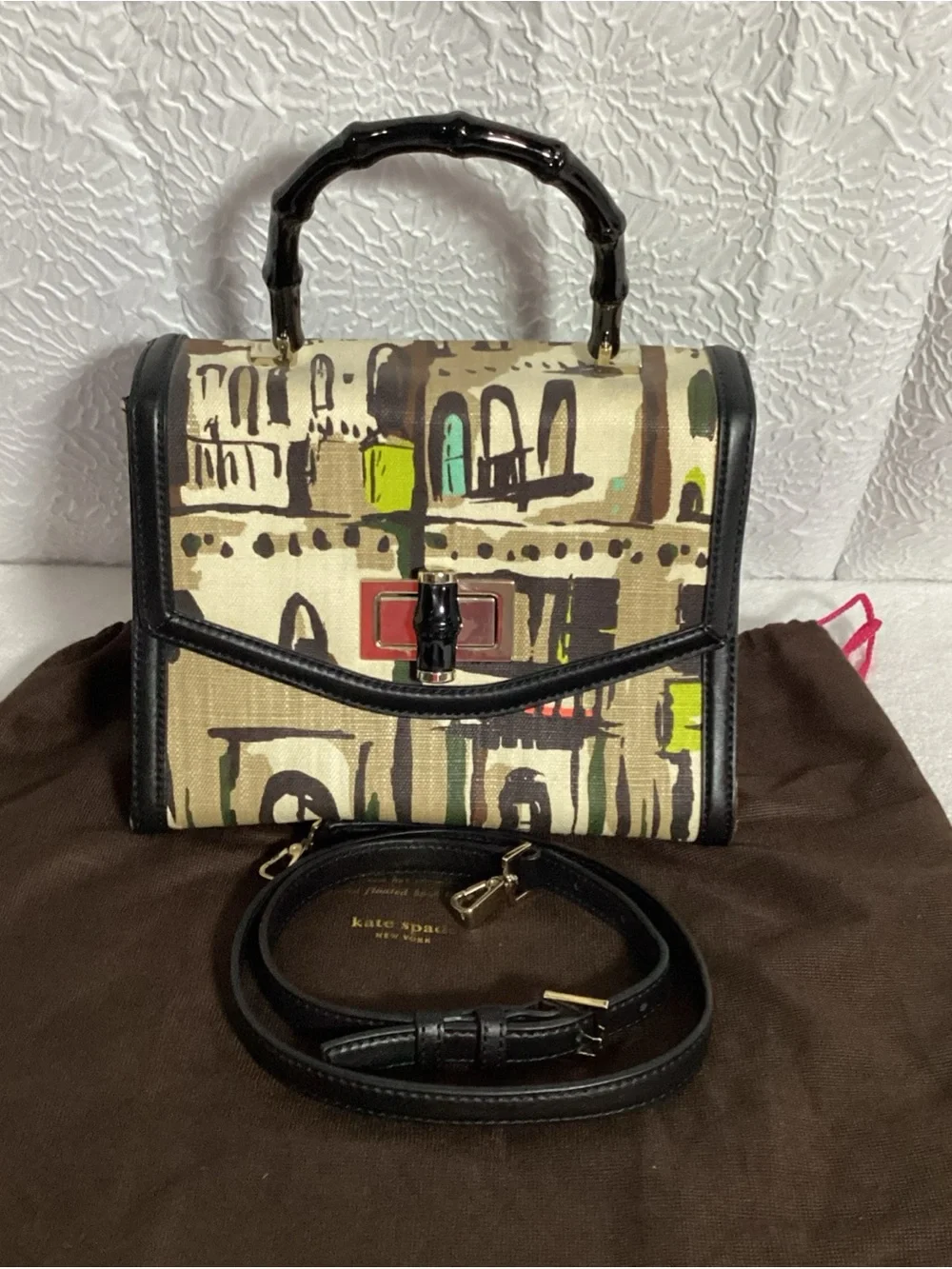 Kate Spade Laguna Ct Penelope Canvas w/ Black Leather & Bamboo Handle NWOT